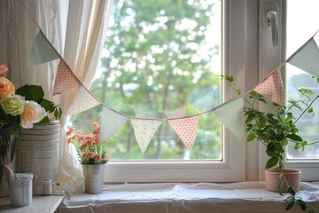 Pastel fabric bunting strung across a window with plants and flowers on the sill.