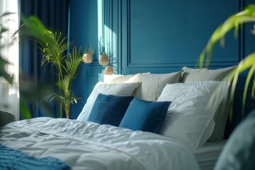Bedroom With Blue Walls and White Bedding