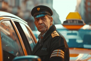 Man in Uniform Standing Next to Taxi