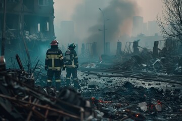 Firefighters Next to Rubble