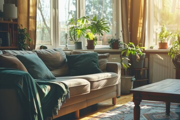Cozy Living Room With Abundant Furniture and Lush Plants