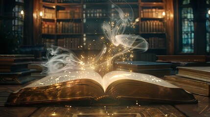 Magic open book with sparkle smoke mist concept wallpaper background