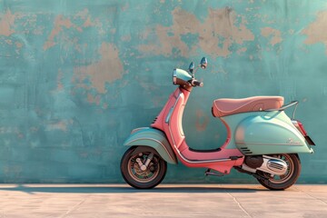 Pink scooter parked against a blue wall. Place for text