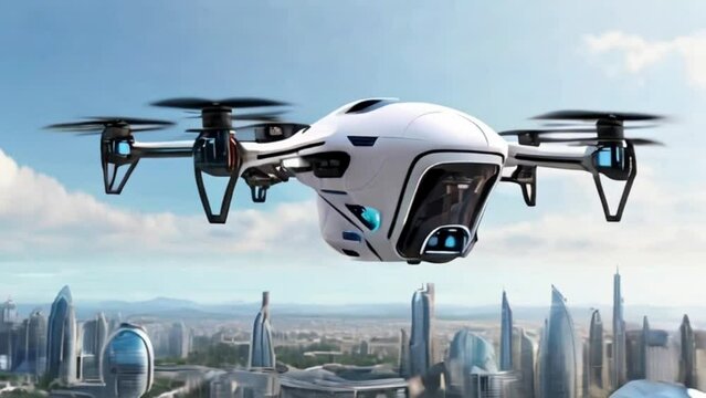futuristic manned roto passenger drone flying in the sky over modern city for future air transportation and robotaxi concept  created with generative ai