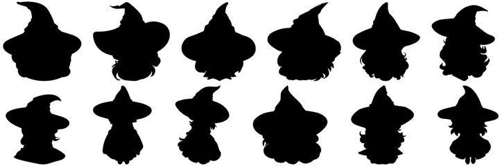 Witch with hat silhouettes set, large pack of vector silhouette design, isolated white background - obrazy, fototapety, plakaty