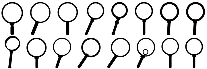 Magnifying glass detective silhouettes set, large pack of vector silhouette design, isolated white background