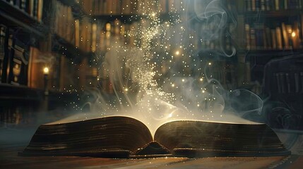 Magic open book with sparkle smoke mist concept wallpaper background