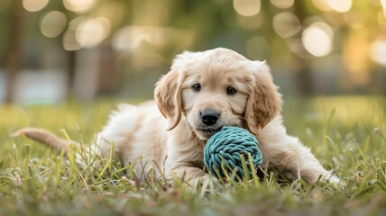 Adorable golden retriever puppy lying on grass chewing a blue toy