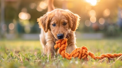 Golden retriever puppy joyfully playing with an orange rope toy on grass