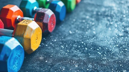Colorful dumbbells on a dark gym floor, fitness training concept