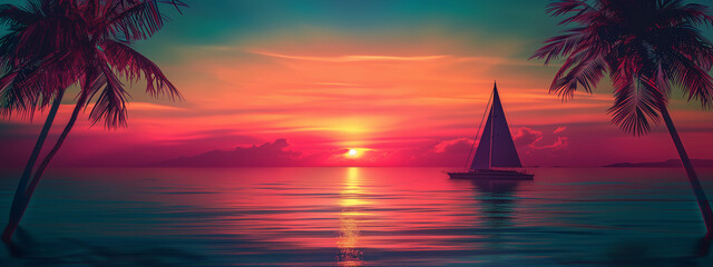 Sailboat Sunset Serenity - Crimson Skies Over Calm Waters