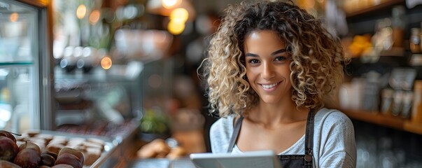 Junge hübsche Frau sitzt in einem gemütlichen und hellen Cafe, lächelnde Frau mit Tablet, Banner Cafe mit großer Scheibe