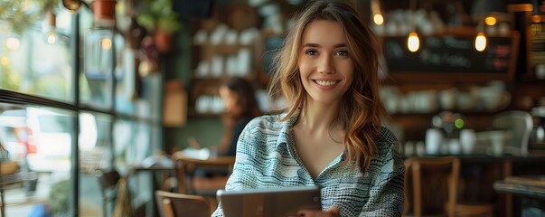 Junge hübsche Frau sitzt in einem gemütlichen und hellen Cafe, lächelnde Frau mit Tablet, Banner Cafe mit großer Scheibe - obrazy, fototapety, plakaty