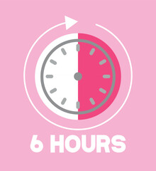 6 Hours pink clock. Time marker with clockwise arrow. Design remaining time
