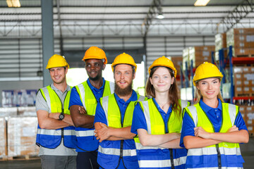 group worker factory men and women standing with confidence and success. people working in workplace of industrial heavy machine factory. young adult in career of industry of technology machinery.