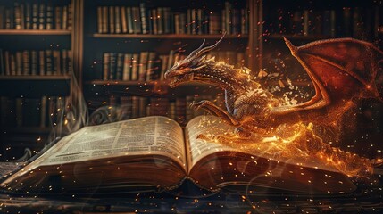 Magic book with fantasy dragon flying around concept wallpaper background - obrazy, fototapety, plakaty