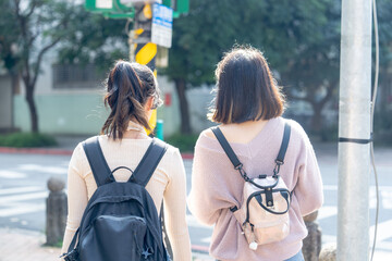 Fototapeta premium Two young Taiwanese female college students are walking happily talking on the university campus in Taipei, Taiwan. 台湾台北の大学キャンパスで二人の若い台湾人女性の大学生が楽しそうに話しながら歩いている