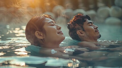 Asian couple man woman swimming in thermal water nature pool concept wallpaper background