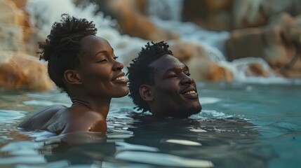 Black couple man woman swimming in thermal water nature pool concept wallpaper background