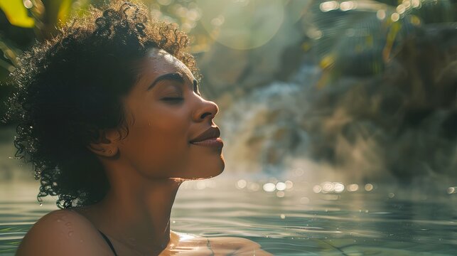 Black woman swimming in thermal water nature pool concept wallpaper background