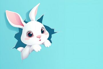 Cute cartoon white rabbit peeking out from a hole of the blue wall. Easter concept. Copy space.