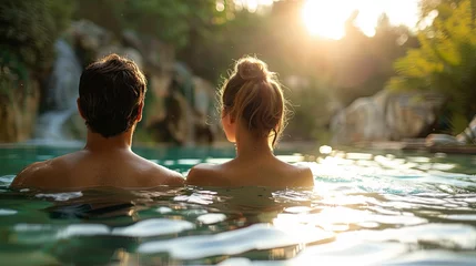 Papier Peint photo Lavable Spa White couple man woman swimming in thermal water nature pool concept wallpaper background