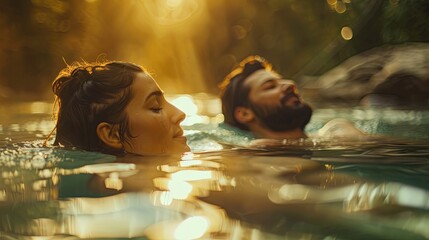 White couple man woman swimming in thermal water nature pool concept wallpaper background