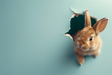 Cute red rabbit peeking out from a hole of the blue wall. Easter concept. Copy space.
