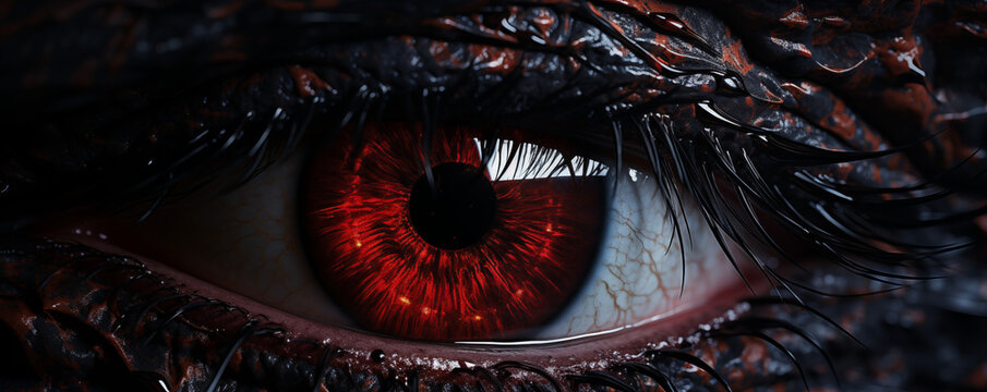 Nahaufnahme Teufelsauge mit einer roten Iris, rotes Auge des Teufel oder eines Drachen
