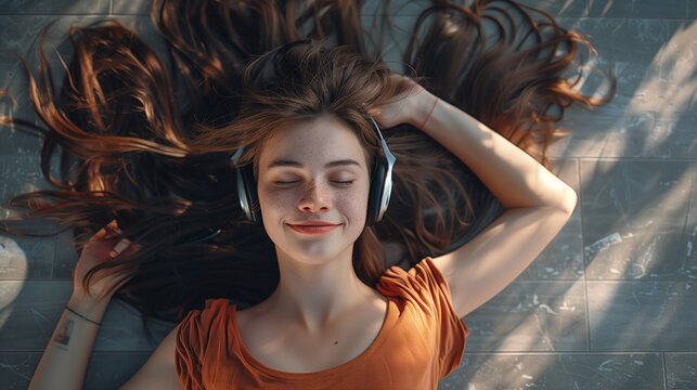Happy Woman with Long Brunette Hair Laying on Floor Listening to Music with Headphones