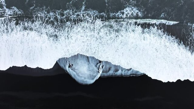 Abstract pattern in nature, Aerial view of black sand volcanic beach with crashing waves, Surreal nature drawing, Serene and tranquil landscape, Famous landmark of Iceland