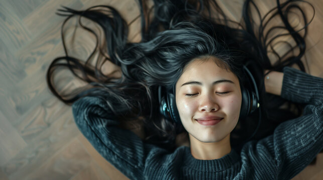 Happy Asian Woman with Long Hair Laying on floor Listening to Music with Headphones