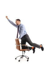 Funny businessman on chair against white background