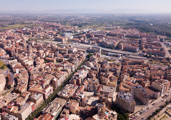 Aerial view of district of Lleida with modern apartment buildings, Catalonia, Spain....