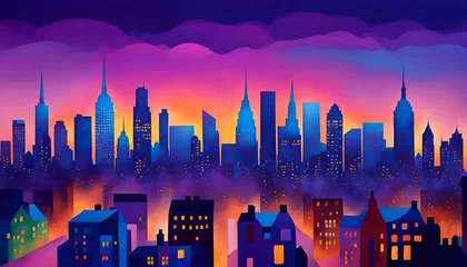 Foto op Plexiglas A colorful purple and blue illustration of a city skyline and buildings.  © Elle Arden 