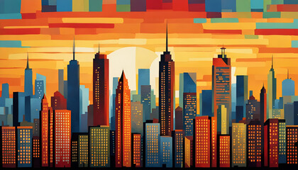 A colorful illustration of a city skyline and buildings. 