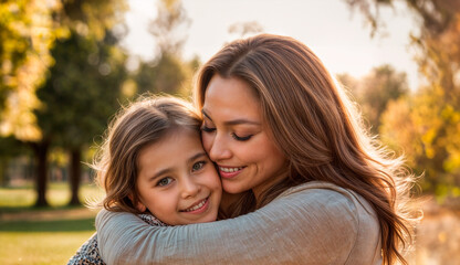 Fototapeta premium A woman with her eyes closed hugs a little girl in a park.