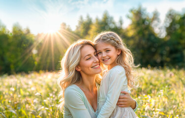 Fototapeta premium A woman with blonde hair and a white dress holds a little girl with blonde hair and a white dress. They are both smiling and looking at the camera. 