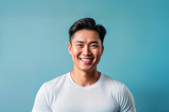 A young Asian man wearing a white t-shirt, standing against a blue background. He has a big smile on his face and is looking directly at the camera.