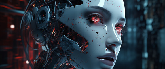 Fototapeta premium Konzept Künstliche Intelligenz, Maschinenlernen eines humanoiden Roboters, Cyborg, Mesch Maschine Kombination