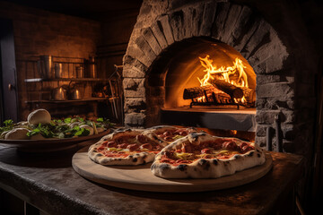 Steinofenpizza in einer rustikalen Küche eines Pizzabäckers, Knusprige und frische Pizza aus dem Steinofen mit Holzfeuer - obrazy, fototapety, plakaty