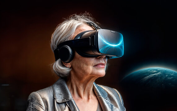 An older woman wearing a VR headset with the letters VRR on it.