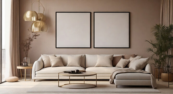 Modern interior of living room with empty frame on the wall