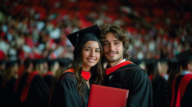 two classmates, female and male,  graduate college student at a ceremony holding a red folder 