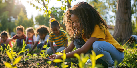 Children Engaging in Eco-Friendly Activities, Planting Trees, Outdoor Education. Gardening