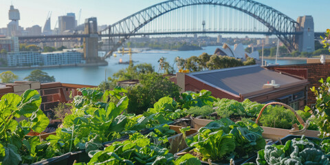 Urban Gardening Against Backdrop of Sydney Harbour Bridge and Opera House