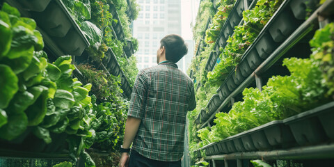Man Observes Lush Vertical Garden in Urban Farming Environment Setting. Urban gardening - obrazy, fototapety, plakaty