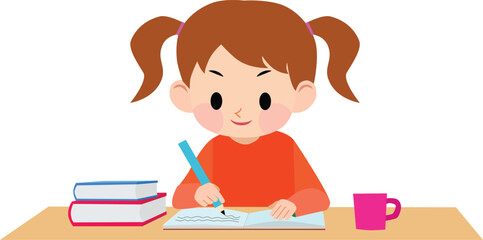 A girl wearing orange clothes studying. Vector Illustration.