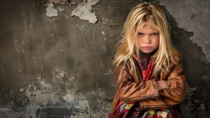 Outdoor portrait of an angry young blond female child with an attitude. He arms and folded and she is wearing a leather jacket. - obrazy, fototapety, plakaty