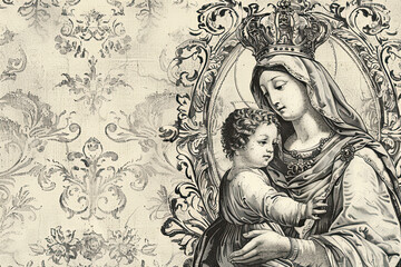 Naklejka premium Vintage Illustration Mother and Child, Elegant Ornate Background. Easter Concept.